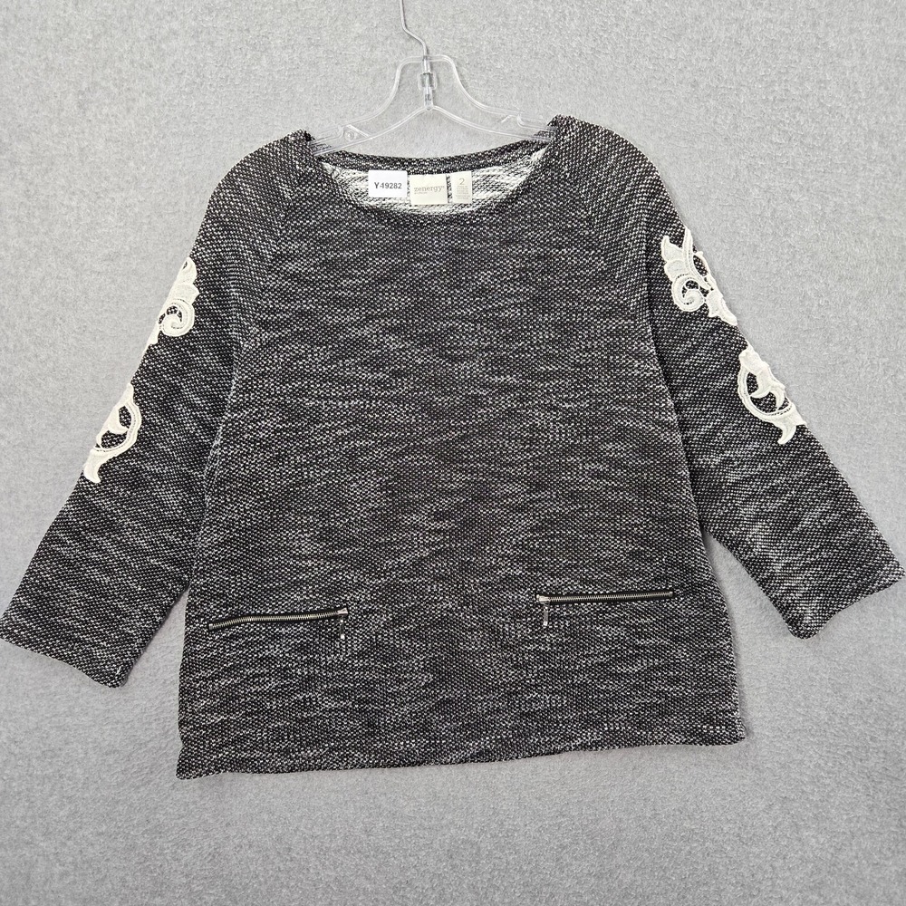Zenergy Women Sweater 2 Gray Krissy Slub‎ Lace Applique Zip Pocket 3/4 Sleeve